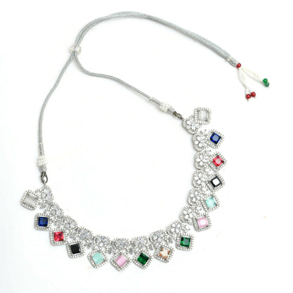 Mominos Fashion Johar Kamal Women Silver-Plated American Diamond Multi Colour Choker Set