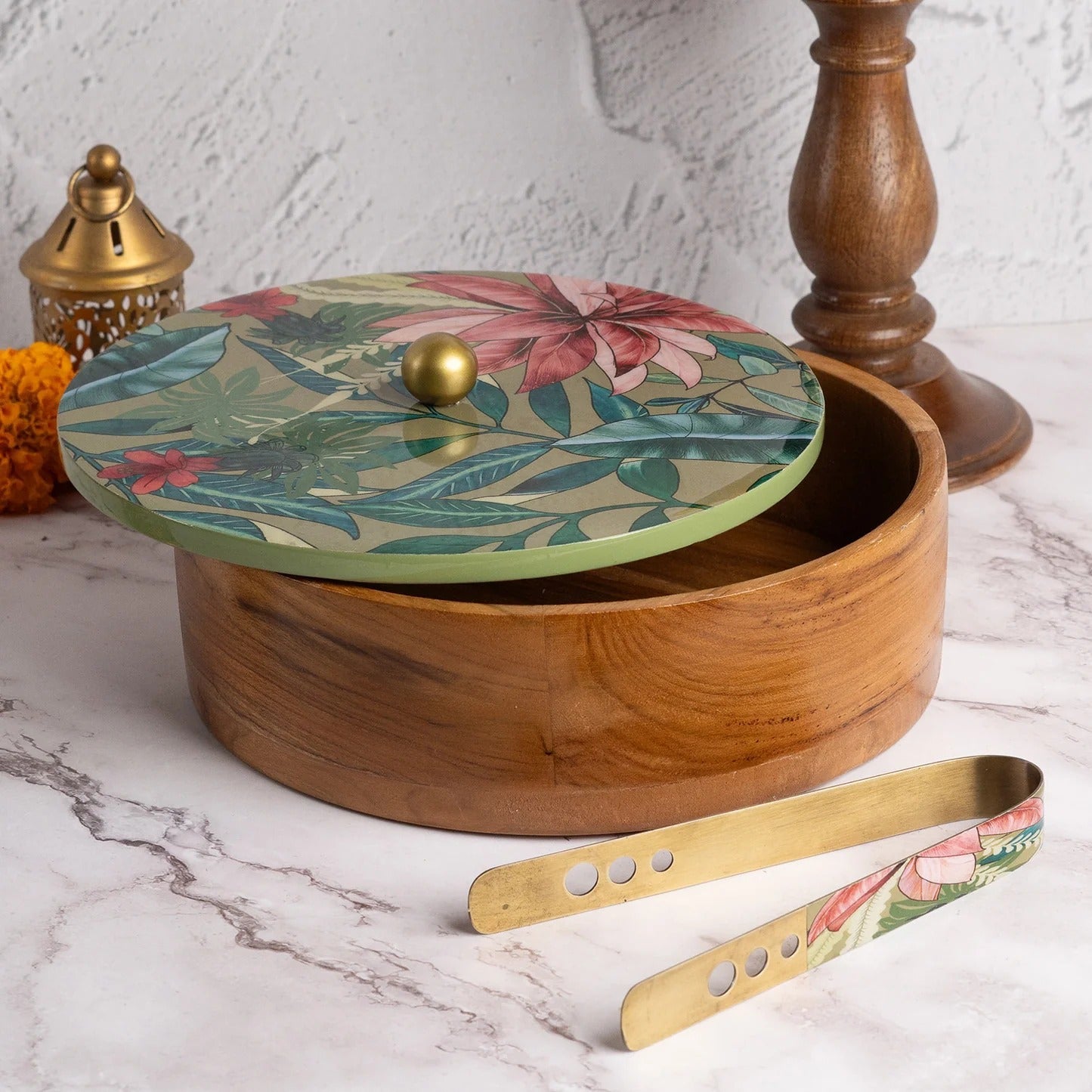 Nestroots Allure Teak Wood Roti Box with Tong Green Enamel Print