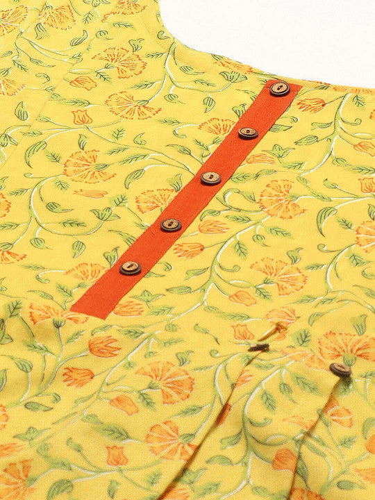 Anayna Women Yellow & Green Printed Pure Cotton Feeding Maternity A-Line Kurta