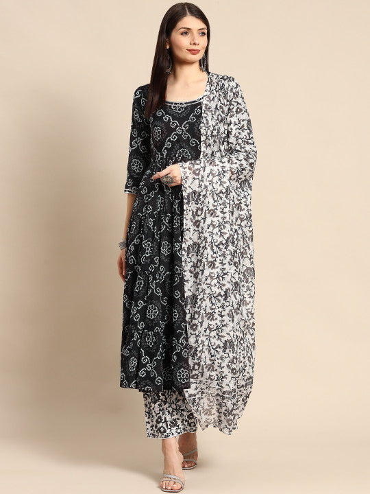 Anayna Women Black Bandhani Printed Pure Cotton Kurta with Trousers & Dupatta