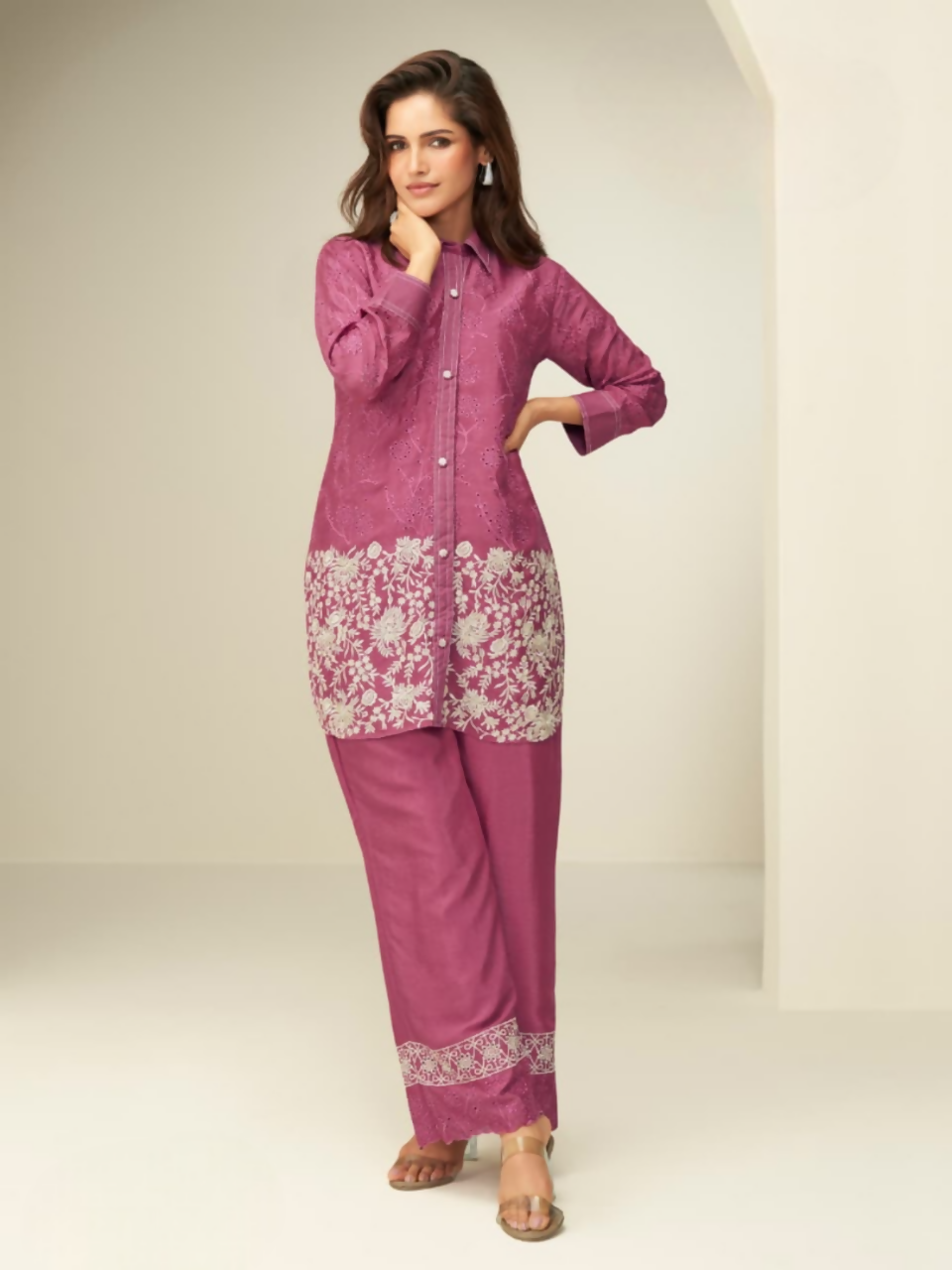 Anaita Magenta Chinon Silk Readymade Co-ords Set with Embroidery Work