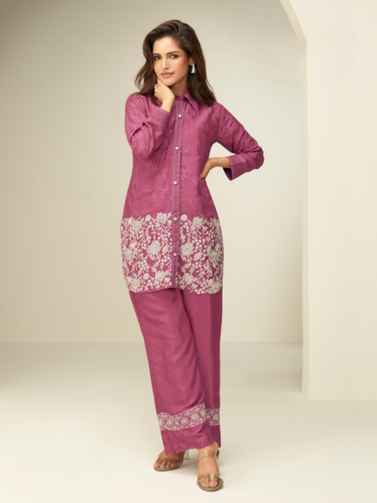 Anaita Magenta Chinon Silk Readymade Co-ords Set with Embroidery Work