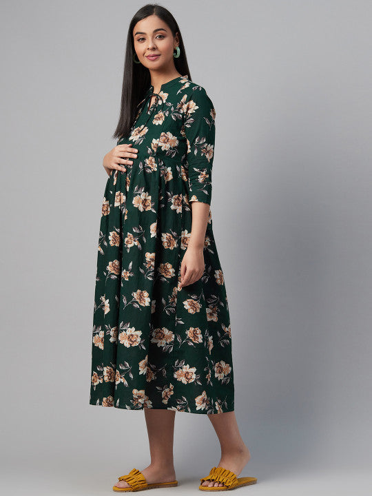 Anayna Green & Beige Floral Print Cotton Maternity A-Line Dress