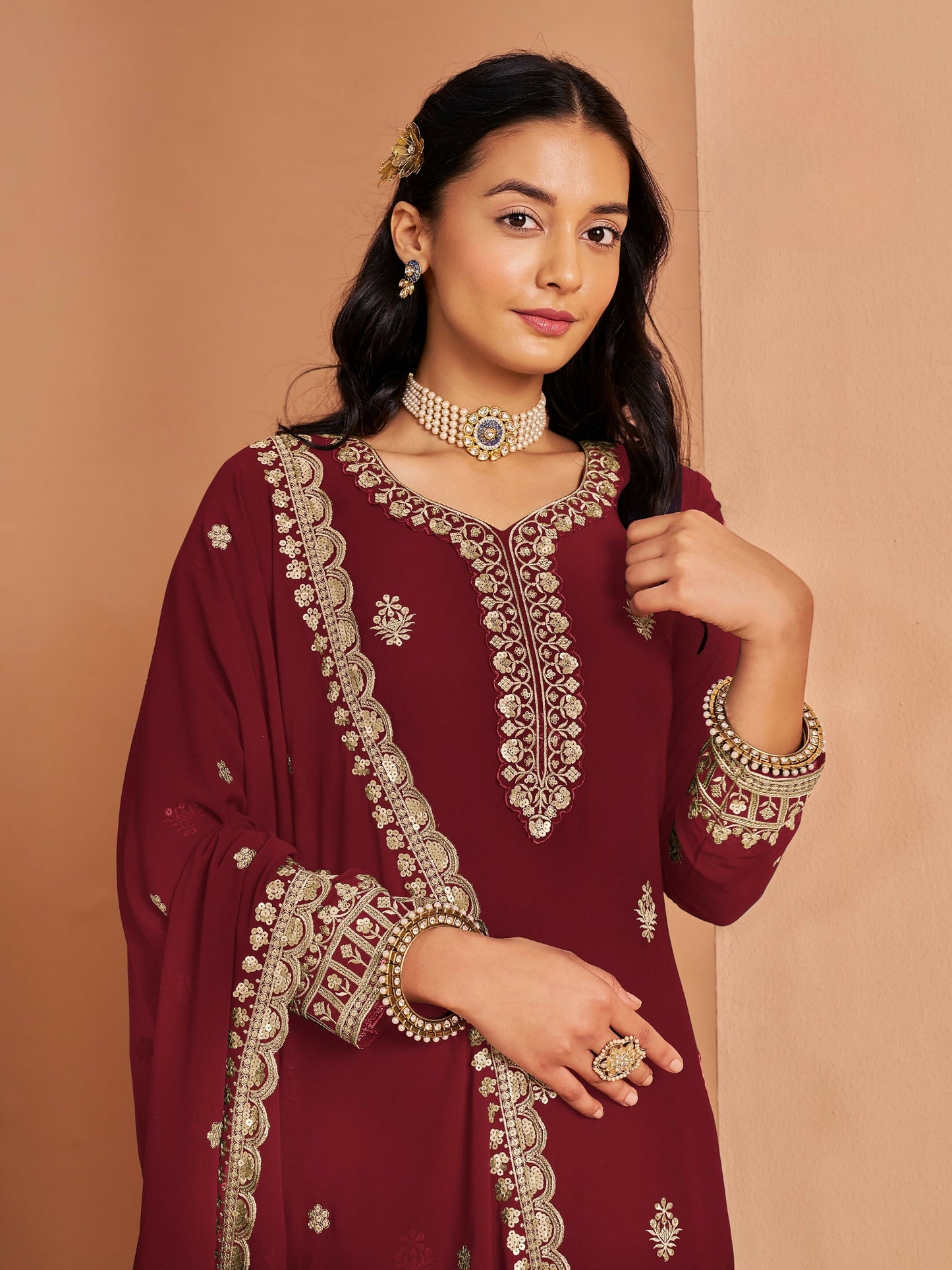 Anaita Maroon Premium Georgette Embroidered Stitched Salwar Suit