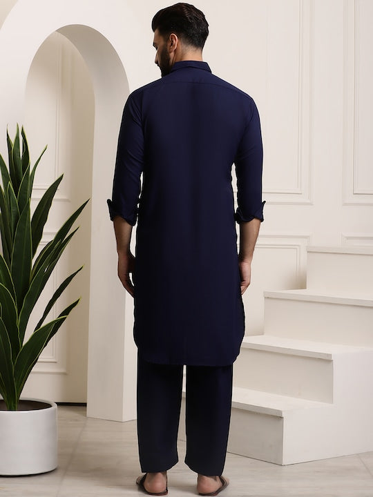 Sojanya Men Navy Blue Solid Pathani Kurta with Salwar