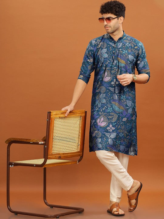 Anouk Mandarin Collar Floral Printed Straight Kurta Blue & Green