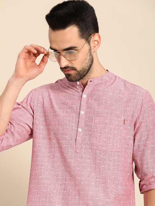Anouk Men Pink Woven Design Cotton Short Kurta