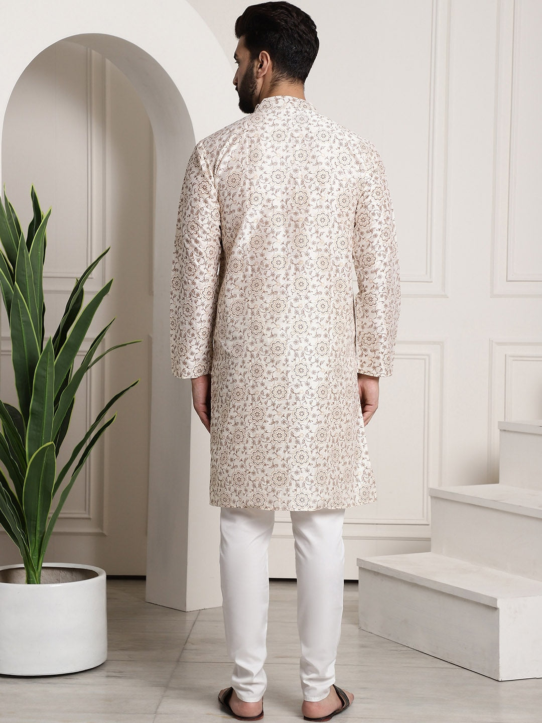 Sojanya Men Cream-Coloured & Brown Silk Cotton Printed Regular Kurta with Churidar