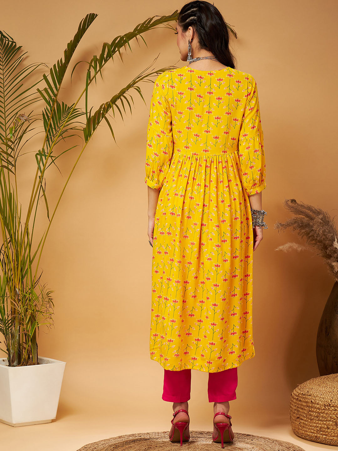 Shae by Sassafras Yellow Ethnic Motifs Printed Tie-Up Neck A-Line Kurta