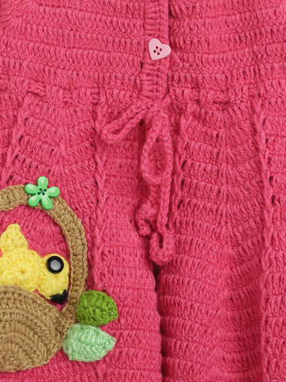 ChutPut Hand knitted Crochet Floral Basket Wool Dress For Baby Girls - Pink