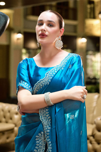 Vastranavya Sea Blue Embroidery Work Shimmer Chiffon Saree with Unstitched Blouse