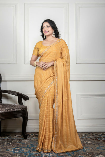 Morchari Yellow Pure Chiffon Hand Embroidery Saree And Stitched Blouse