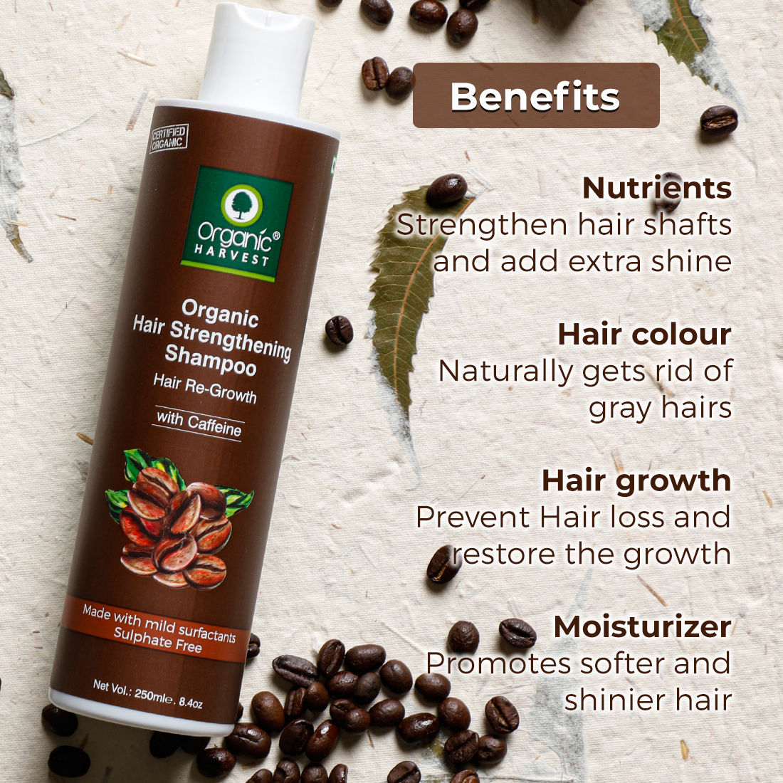 Organic Harvest Organic Hair Strengthening Shampoo Hair Re-Growth With Caffeine - 250 ml