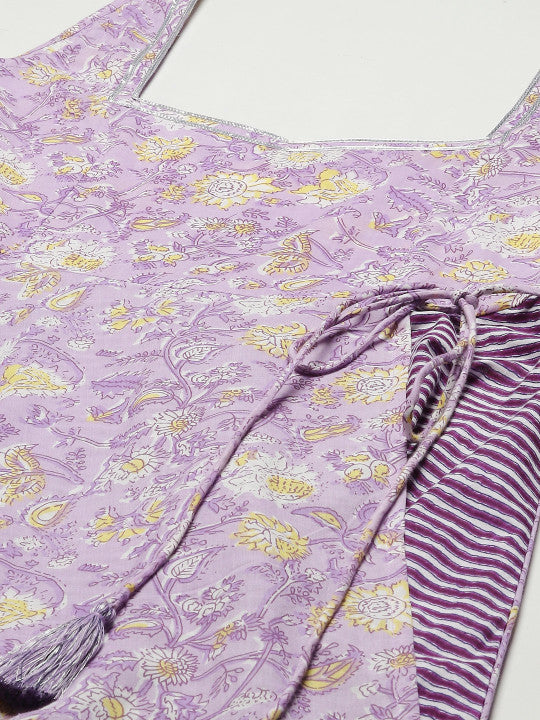 Anayna Women Purple Ethnic Motifs Printed Pure Cotton Kurta with Trousers & Dupatta