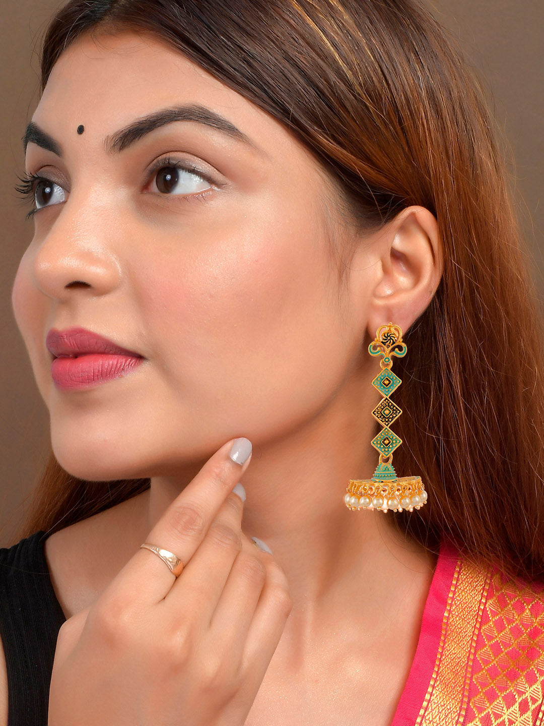 Shoshaa Gold-Toned & Green Contemporary Jhumkas Earrings