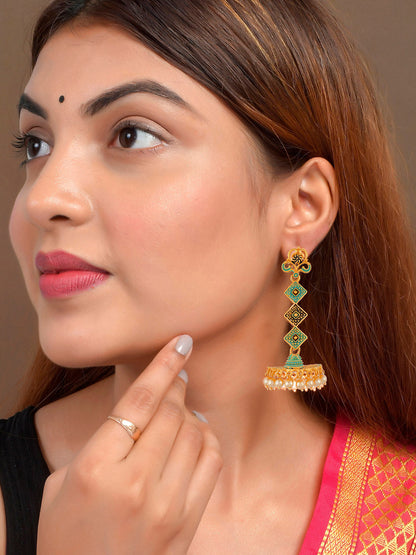 Shoshaa Gold-Toned & Green Contemporary Jhumkas Earrings