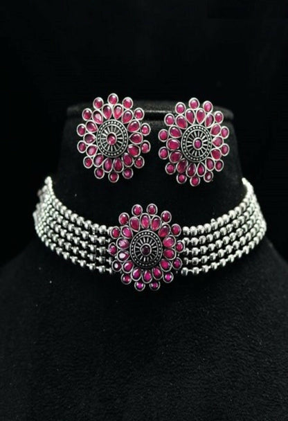 Mominos Fashion Johar Kamal Oxidised Silver-Plated Brass Finish Kundan Choker For Women (Pink)