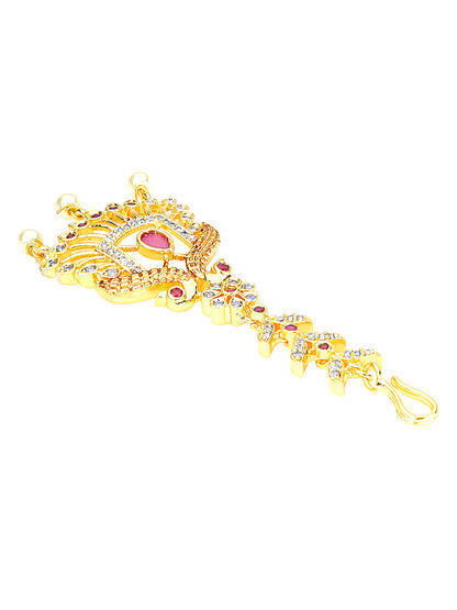 Yellow Chimes Women Gold -Toned Pink & White American Diamond Studded Handcrafted Maang Tikka