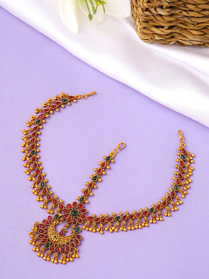 Yellow Chimes Gold-Toned Green Kundan Layered Temple Bridal Traditional Matha Patti