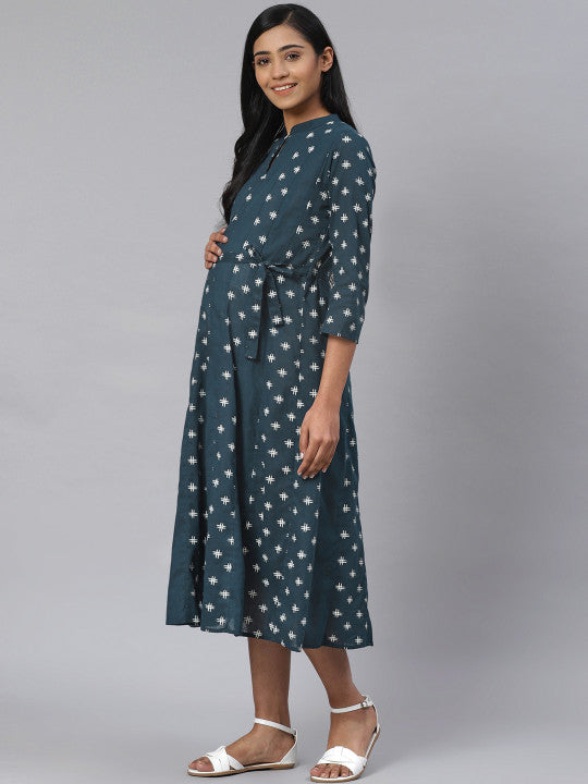 Anayna Women Navy Blue & White Printed Pure Cotton Maternity A-Line Dress