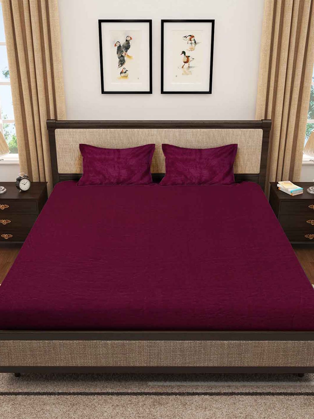 KLOTTHE Maroon 300 TC Woolen Fitted Double King Bedsheet With 2 Pillow Covers