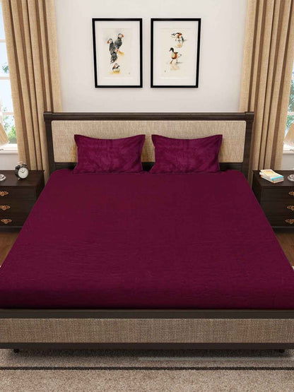 KLOTTHE Maroon 300 TC Woolen Fitted Double King Bedsheet With 2 Pillow Covers