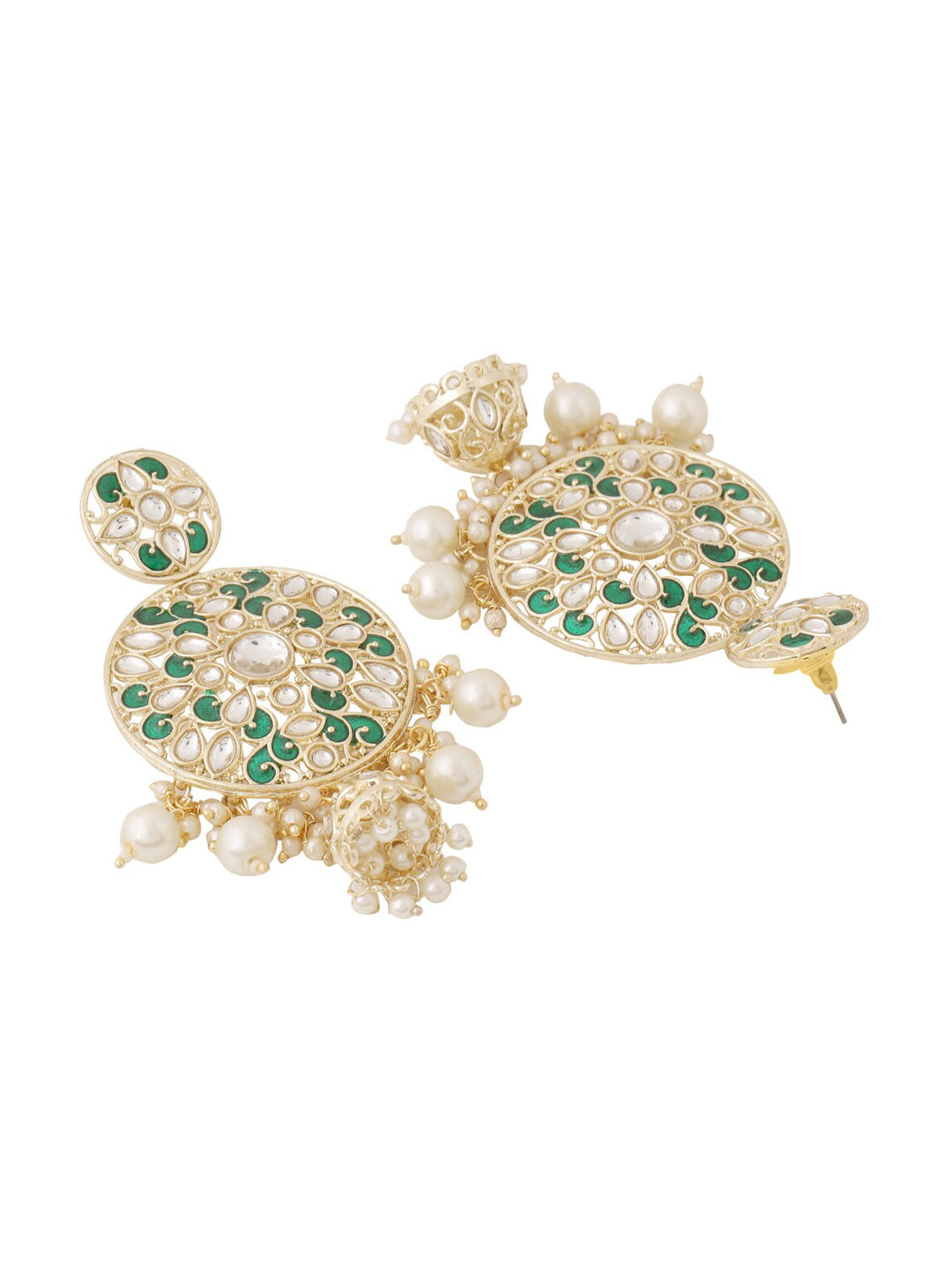 Shoshaa Green & Gold-Polished Kundan Studded Contemporary Jhumkas Earrings