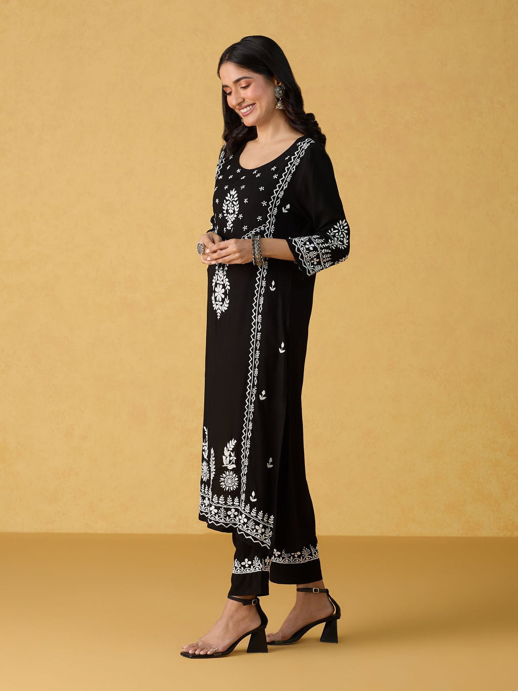 Likha Black Chikankari Kurta Pant & Dupatta LIKSKD305 (Set of 3)