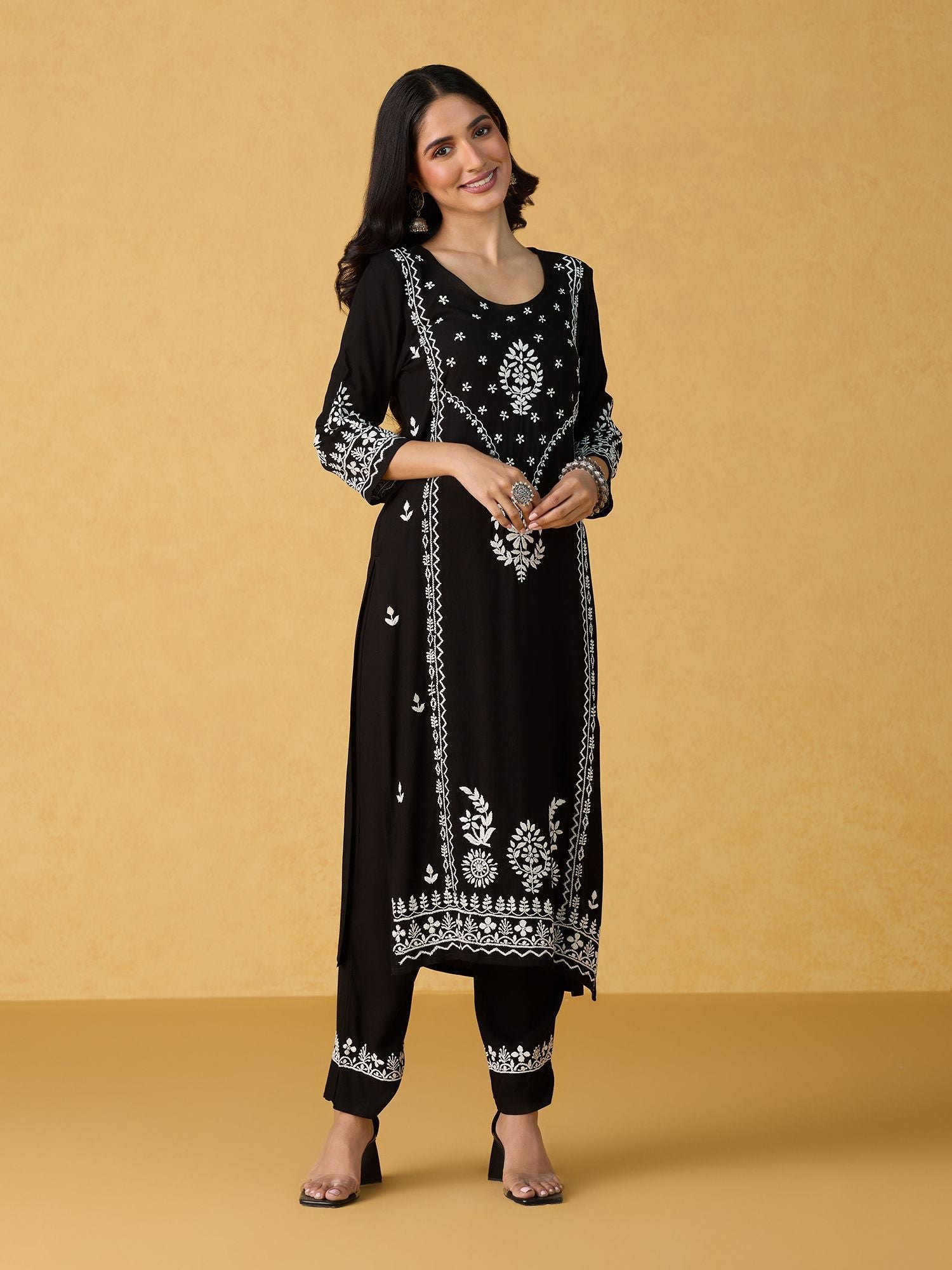 Likha Black Chikankari Kurta Pant & Dupatta LIKSKD305 (Set of 3)