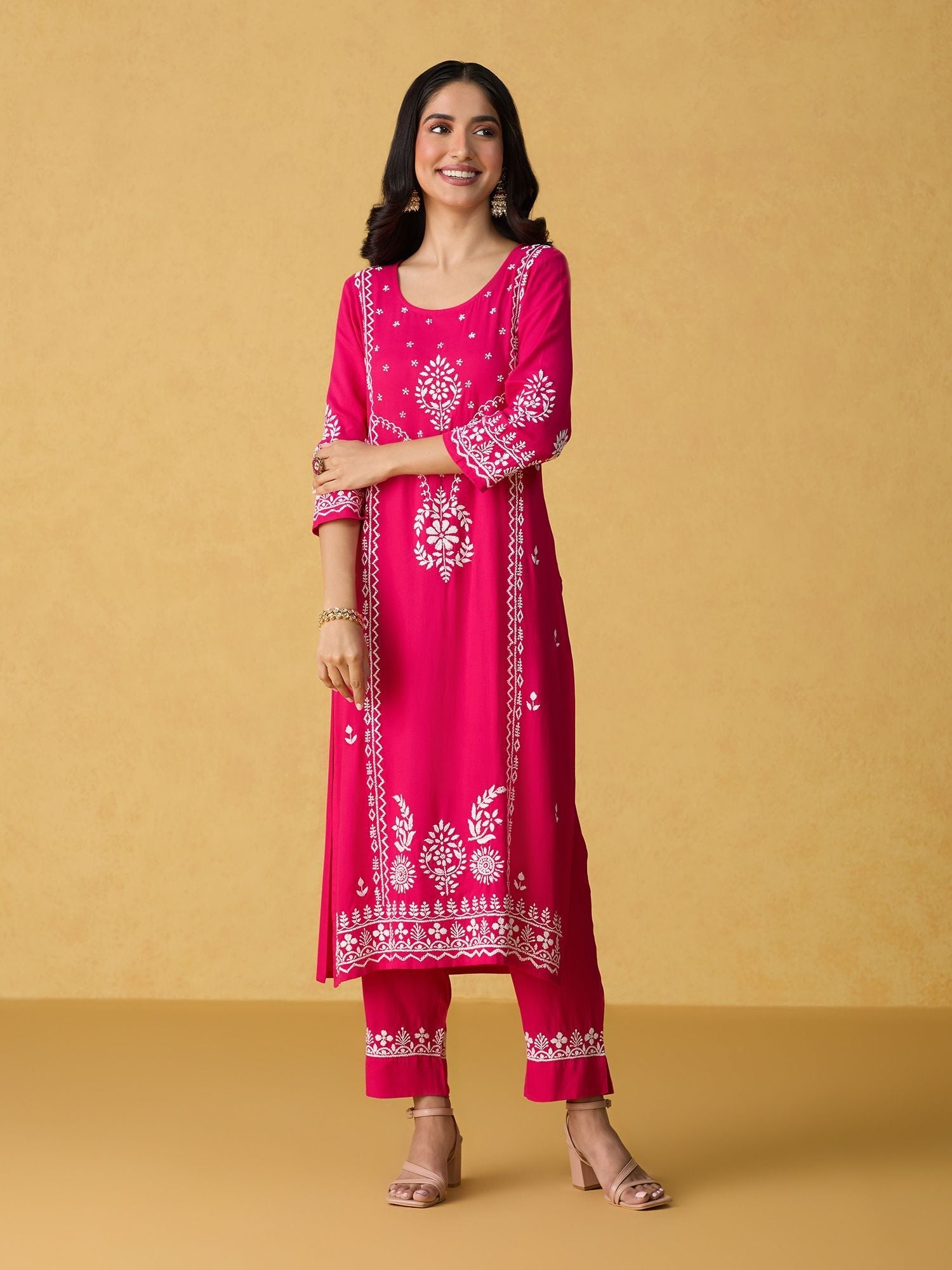 Likha Pink Chikankari Kurta Pant & Dupatta (Set of 3)