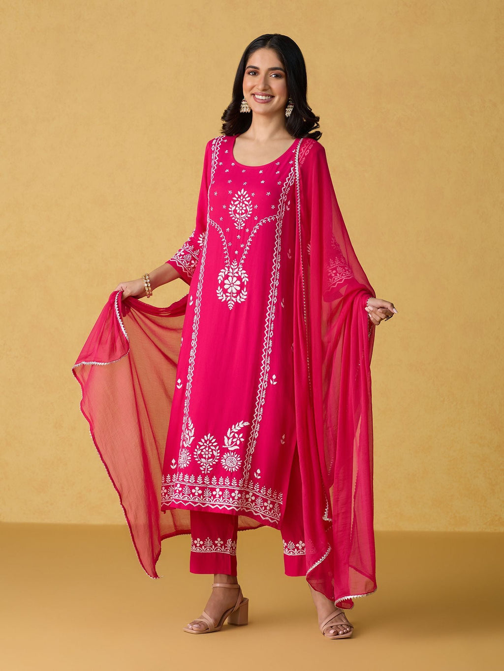 Likha Pink Chikankari Kurta Pant & Dupatta (Set of 3)