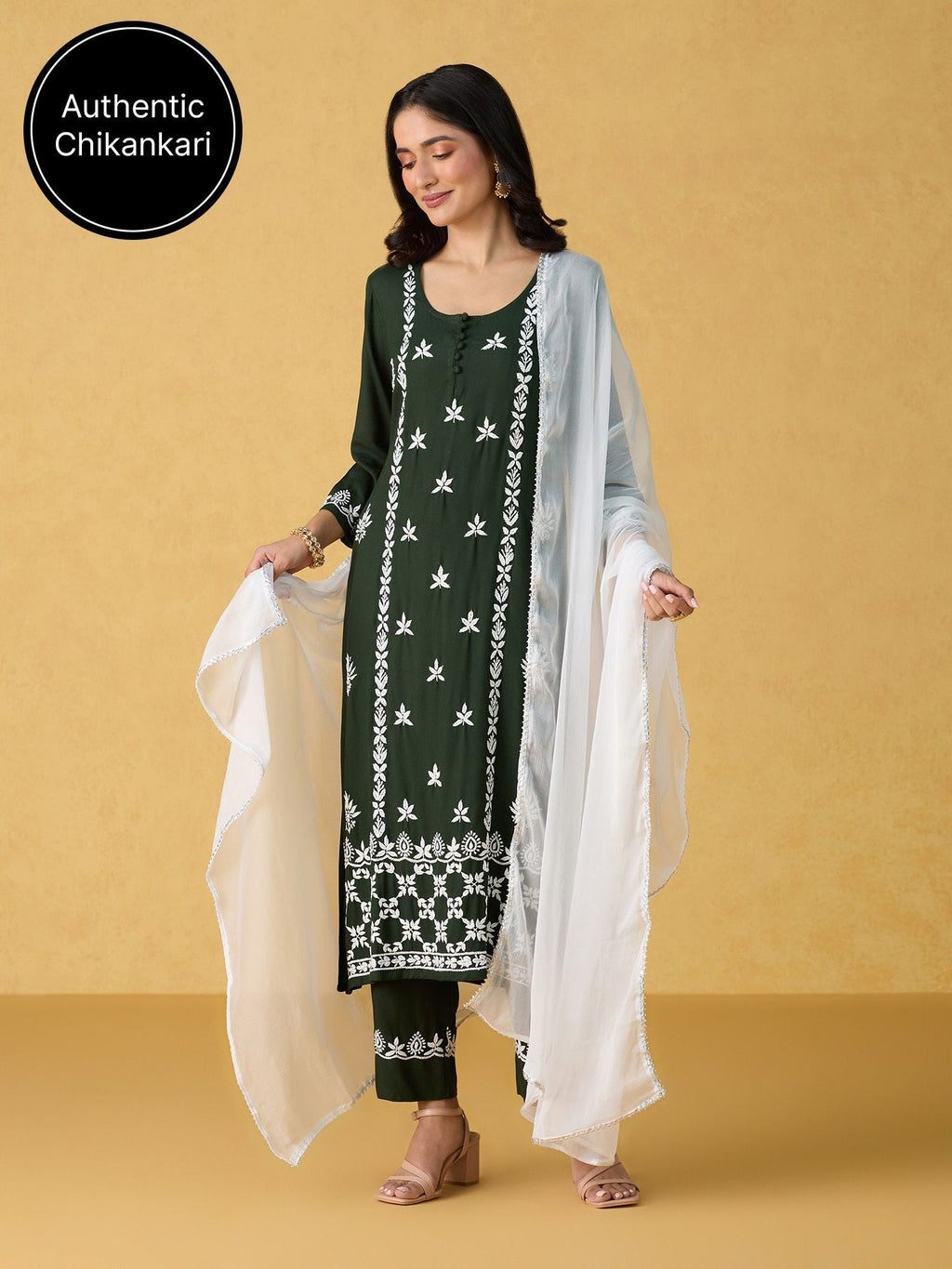 Likha Green Chikankari Kurta Pant & Dupatta (Set of 3)