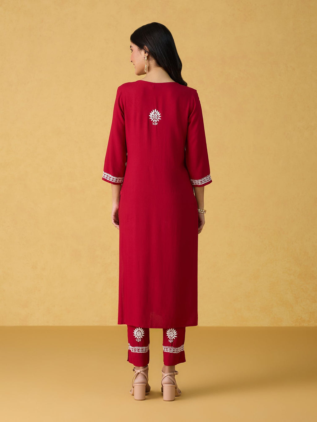 Likha Red Chikankari Kurta Pant & Dupatta LIKSKD298 (Set of 3)