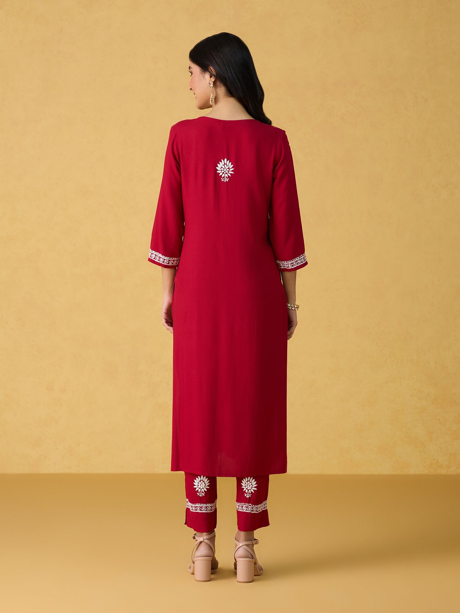 Likha Red Chikankari Kurta Pant & Dupatta LIKSKD298 (Set of 3)
