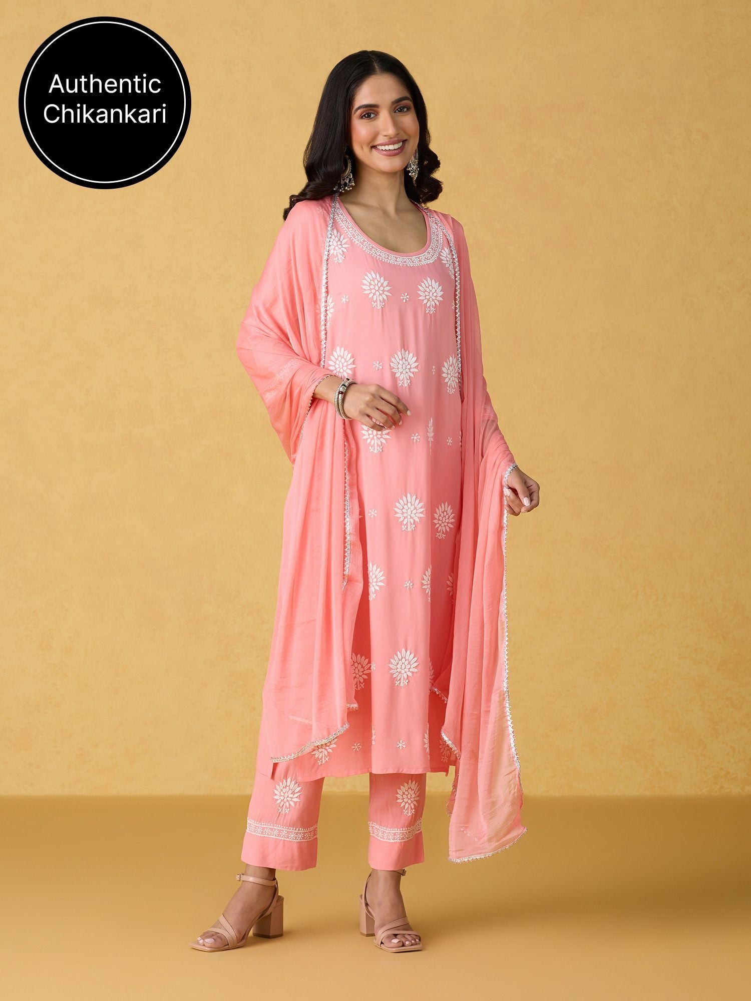 Likha Peach Chikankari Kurta Pant & Dupatta LIKSKD298 (Set of 3)