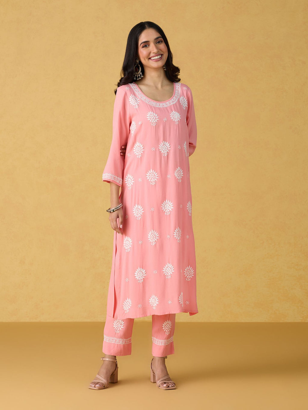 Likha Peach Chikankari Kurta Pant & Dupatta LIKSKD298 (Set of 3)