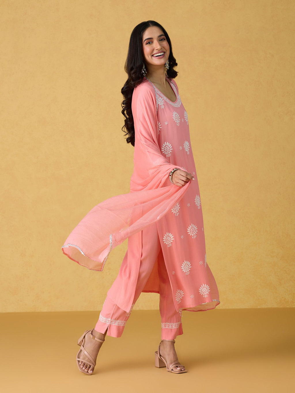 Likha Peach Chikankari Kurta Pant & Dupatta LIKSKD298 (Set of 3)