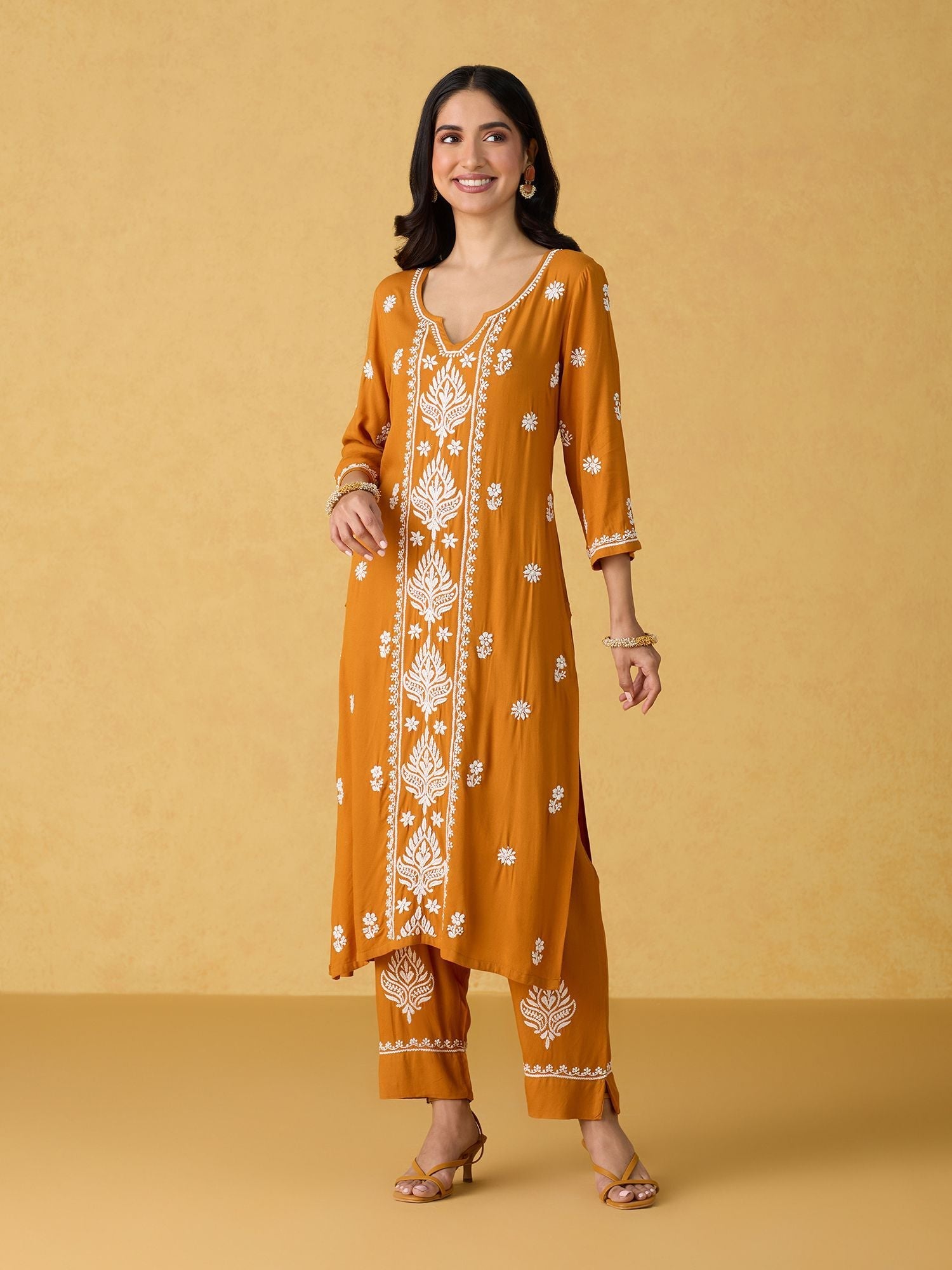 Likha Yellow Chikankari Kurta Pant & Dupatta LIKSKD299 (Set of 3)