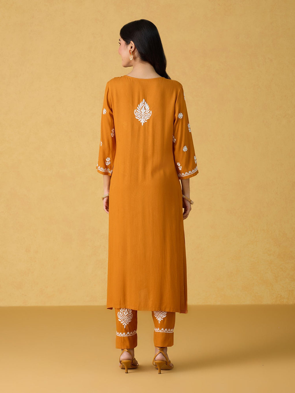 Likha Yellow Chikankari Kurta Pant & Dupatta LIKSKD299 (Set of 3)