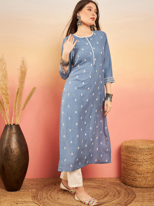 Sangria Blue Ethnic Motifs Embroidered Straight Kurta