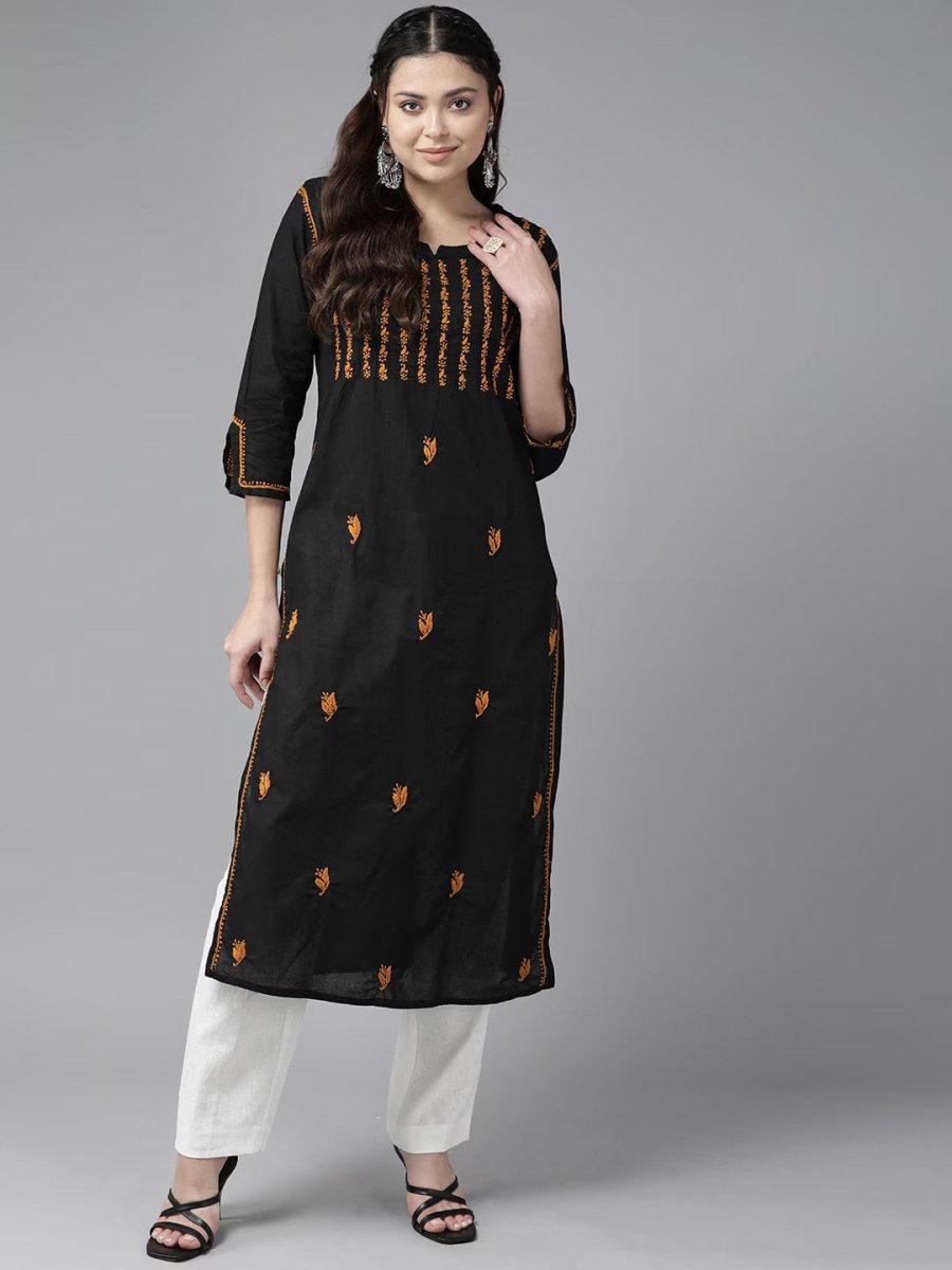 ADA Ethnic Motifs Embroidered Chikankari Cotton Straight Kurta