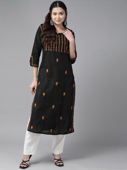 ADA Ethnic Motifs Embroidered Chikankari Cotton Straight Kurta