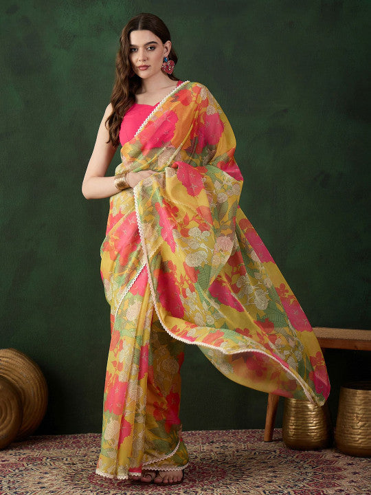 Sangria Floral Printed Saree With Blouse Piece