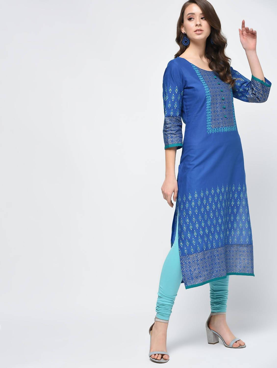 Indian Clothing Cheera Hand Block Print Royal Blue Color Straight Kurta