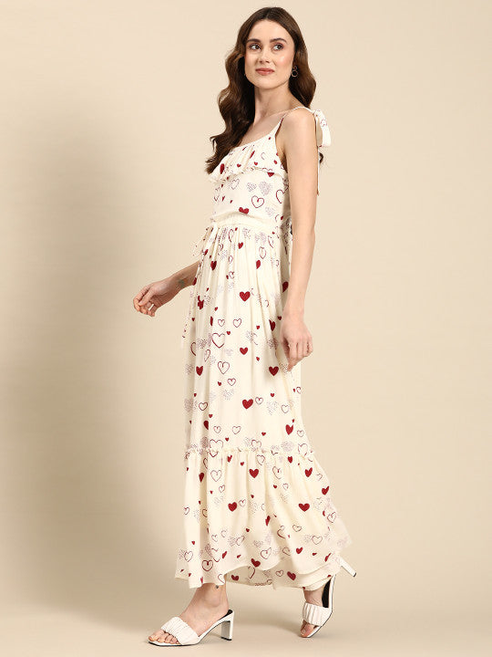 Anayna Conversational Print Crepe A-Line Tiered Maxi Dress