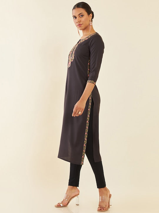 Soch Charcoal Floral Embroidered Straight Kurta