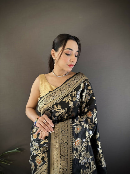 Joban Fashion Black Floral & Ethnic Motifs Design Soft Silk Meenakari Banarasi Saree