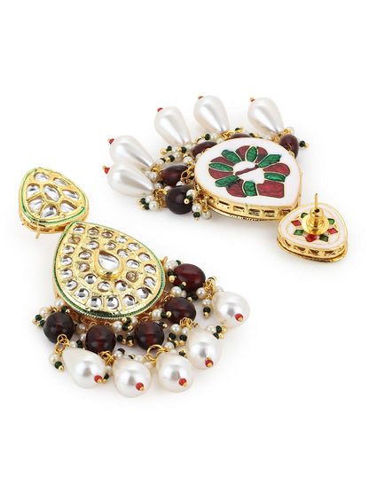 Gold-Toned White Kundan Contemporary Gold-Polished Jhumkas Earrings - Ruby Raang