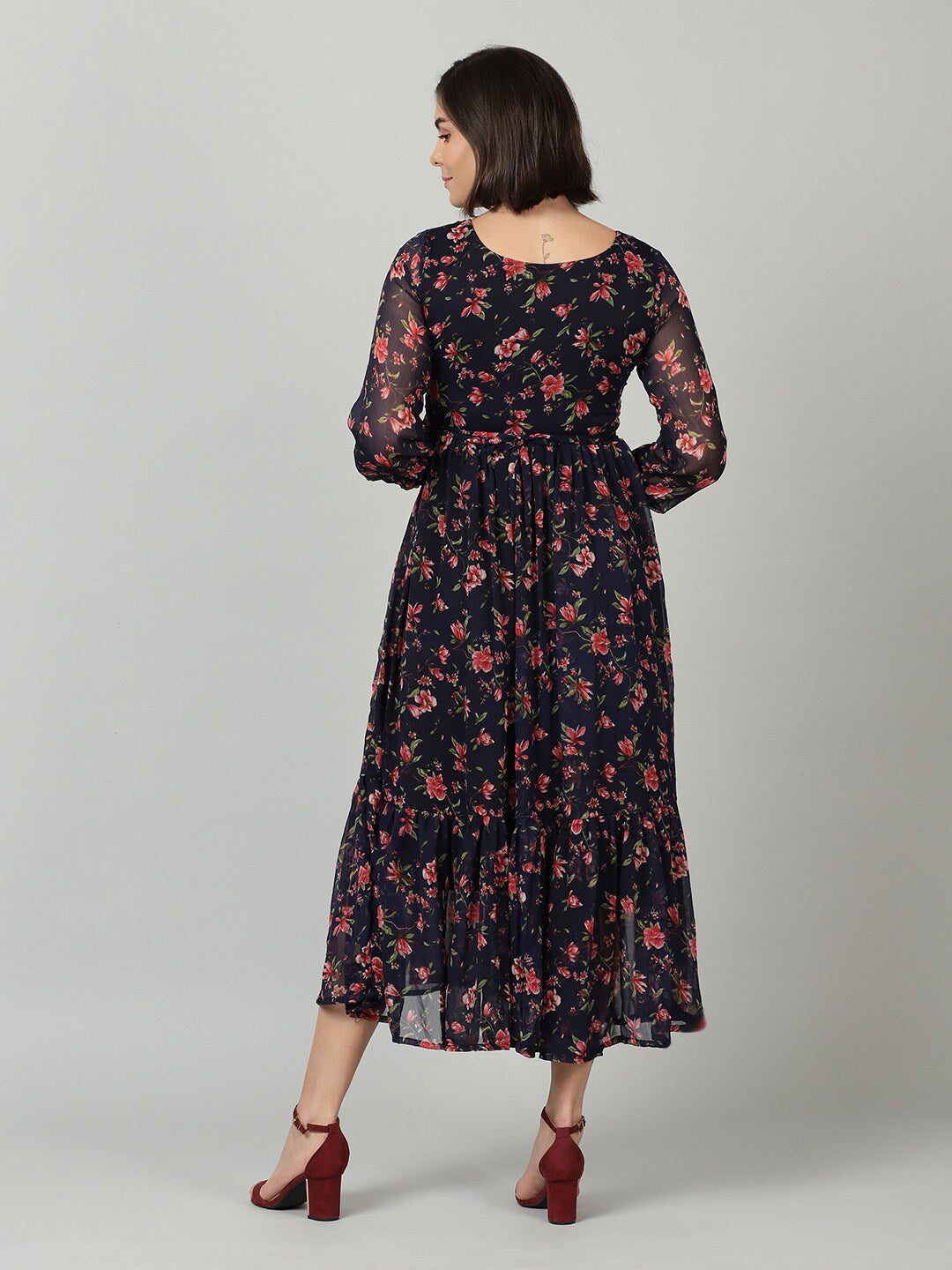 Souchii Women Navy Blue & Red Floral Chiffon A-Line Tiered Dress