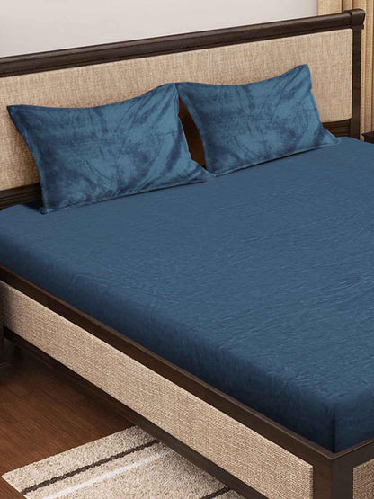 KLOTTHE Turquoise Blue 300 TC Woolen Fitted King Bedsheet With 2 Pillow Covers